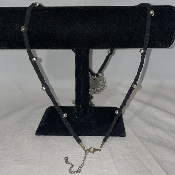 Cloth Braided Necklace with a Three Metal Emblems - Picture 4 of 4